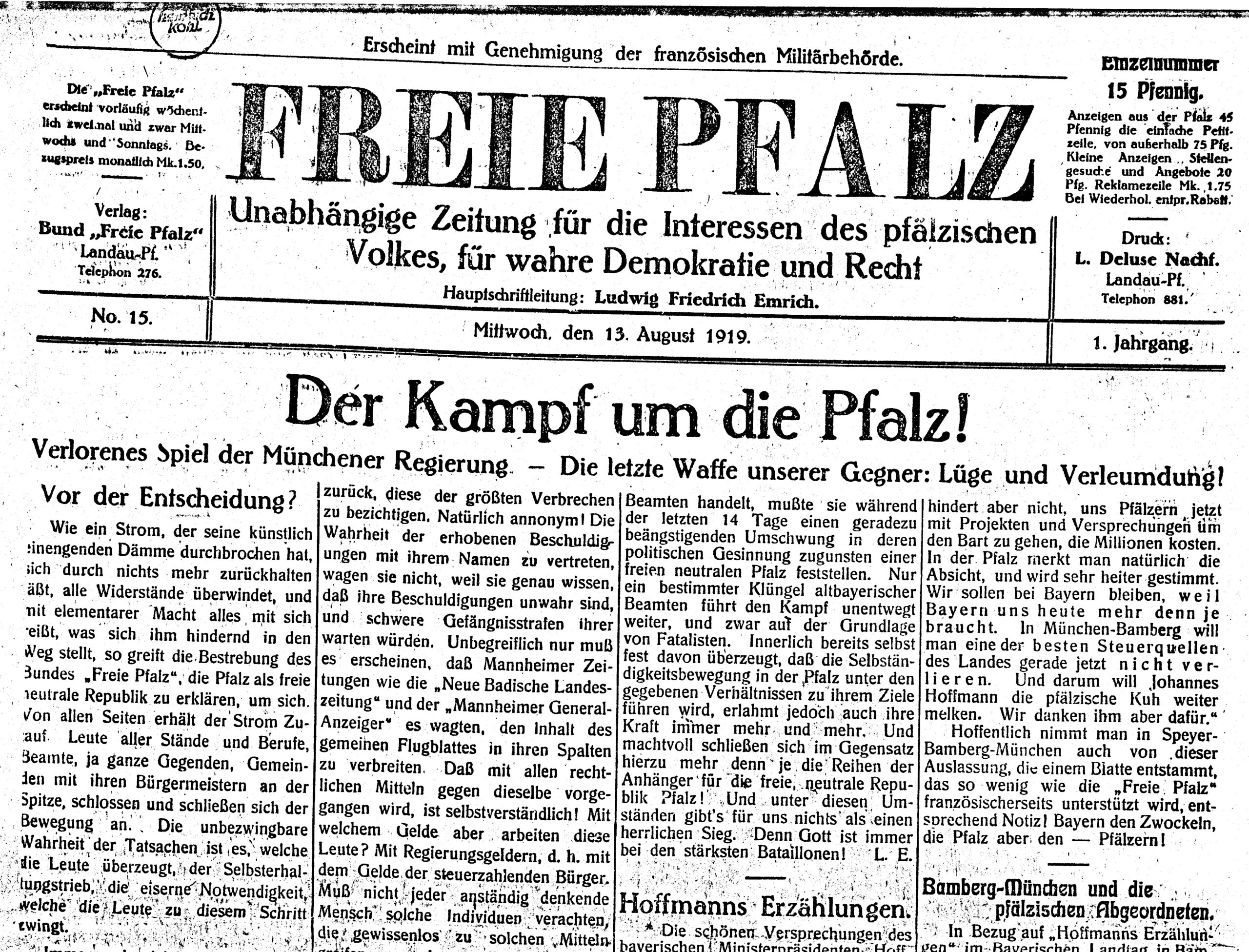 Titelblatt der separatistischen Zeitung ‚Freie Pfalz‘. Titelblatt der separatistischen Zeitung ‚Freie Pfalz‘.