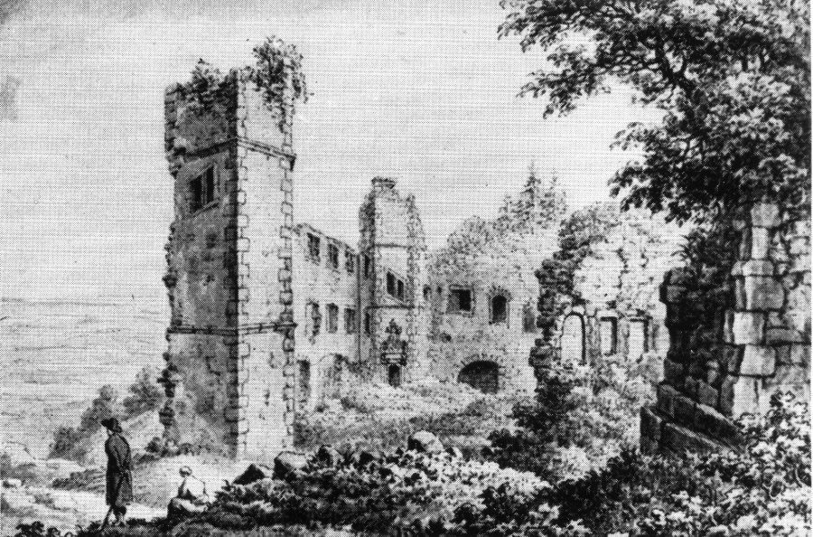 Madenburg, Eberhardsbau (vor dem Einsturz der Hoffassade), Federzeichnung, Mitte 19. Jh.